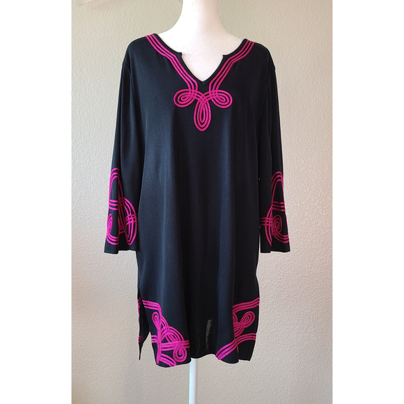 Ming Wang Women Jersey Knit Tunic SZ Large Embroidered Blue Pink Career Designer - Picture 1 of 12